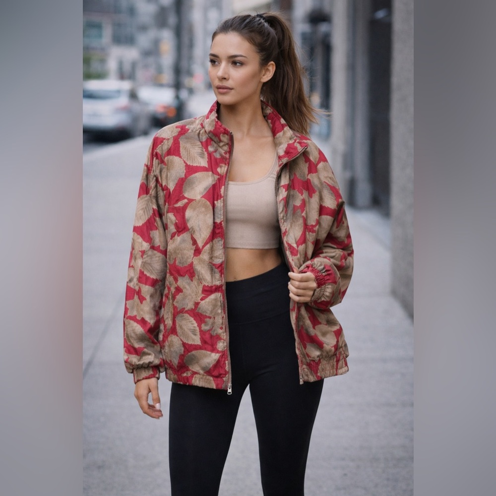 Vintage 90s Silk Floral Windbreaker Jacket Red Oversized Streetwear L